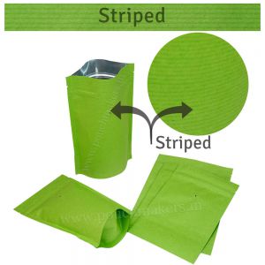 Green Striped Kraft Paper Stand Up Pouches With Valve