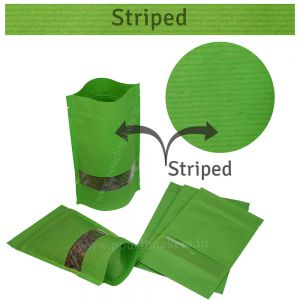 Green Striped Paper Stand Up Pouches With Rectangle Window