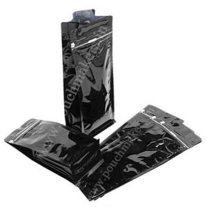 Shiny Black Flat Bottom Pouches Tear Off Zipper & Valve