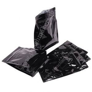 Shiny Black Flat Bottom Pouches With Normal Zipper & Valve